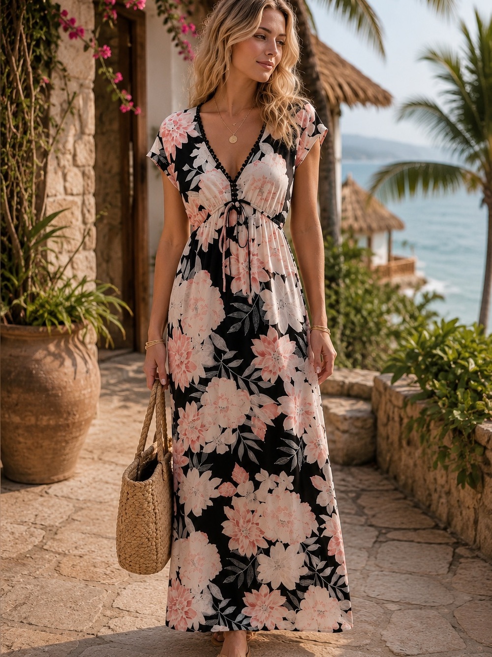 En Focus Textured Floral Empire Waist Romantic Resortwear Maxi Dress Size 8